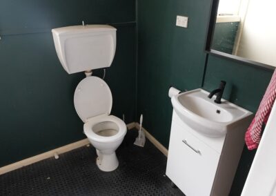 Compact bathroom with a white toilet and sink against dark green walls, providing essential facilities for guests in Cabins, Dwellings, Caravans, & Glamping Tents. The minimalistic design and clean setup offer a practical and comfortable restroom experience for travelers